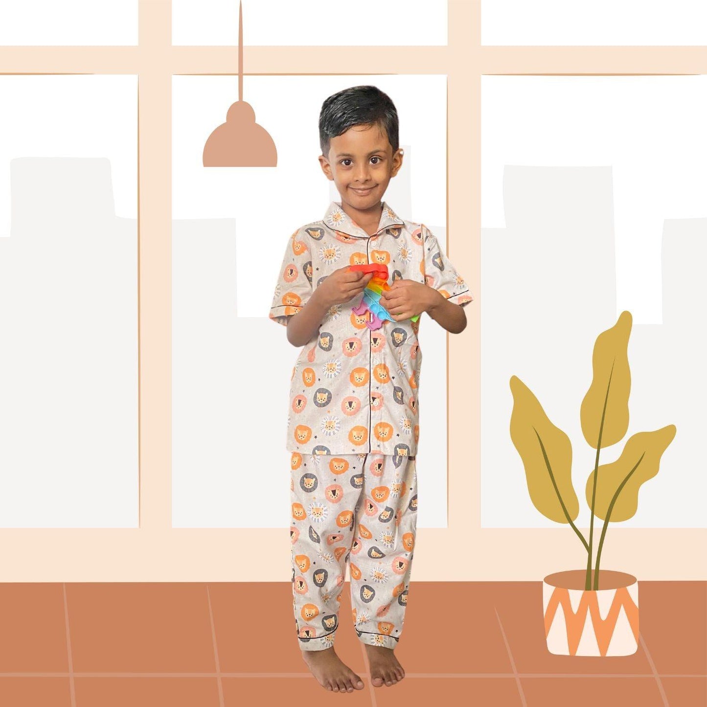 Lion Pajama Set by RedBerry Cuddle, made from 100% cotton. A playful and soft unisex pajama set for kids, featuring a charming lion design, perfect for comfortable sleep and cozy nights.