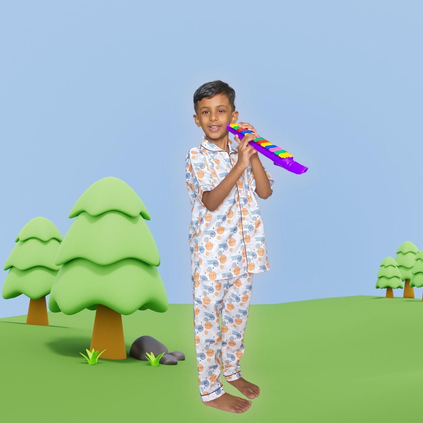 Doodle Pajama Set by RedBerry Cuddle, a unisex night suit for kids made from 100% cotton. The set is adorned with playful and creative doodle designs, offering comfort and style for bedtime.