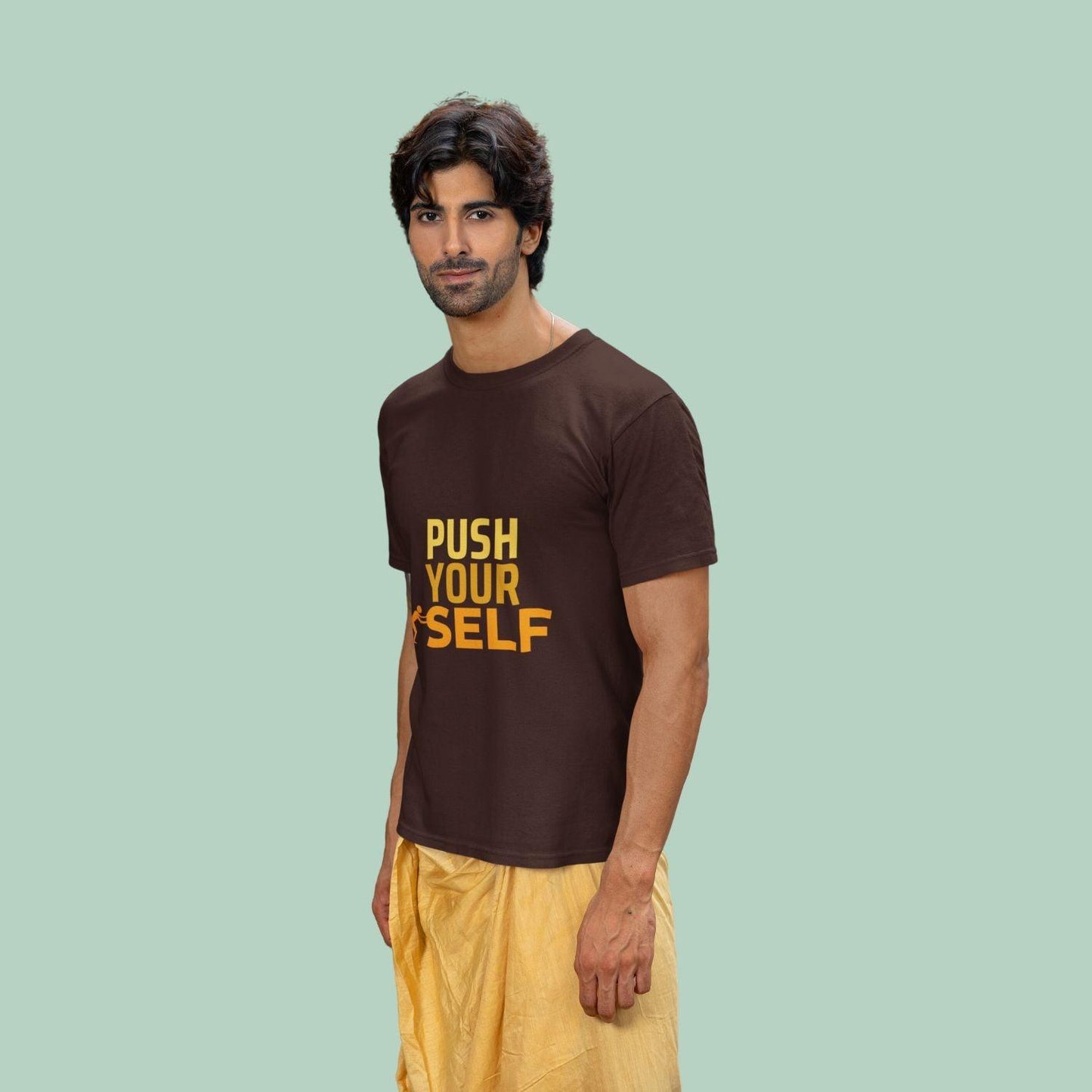 Push Yourself Men's T-shirt by RedBerry Cuddle, made from 100% cotton. It features a motivational slogan, offering both comfort and inspiration.