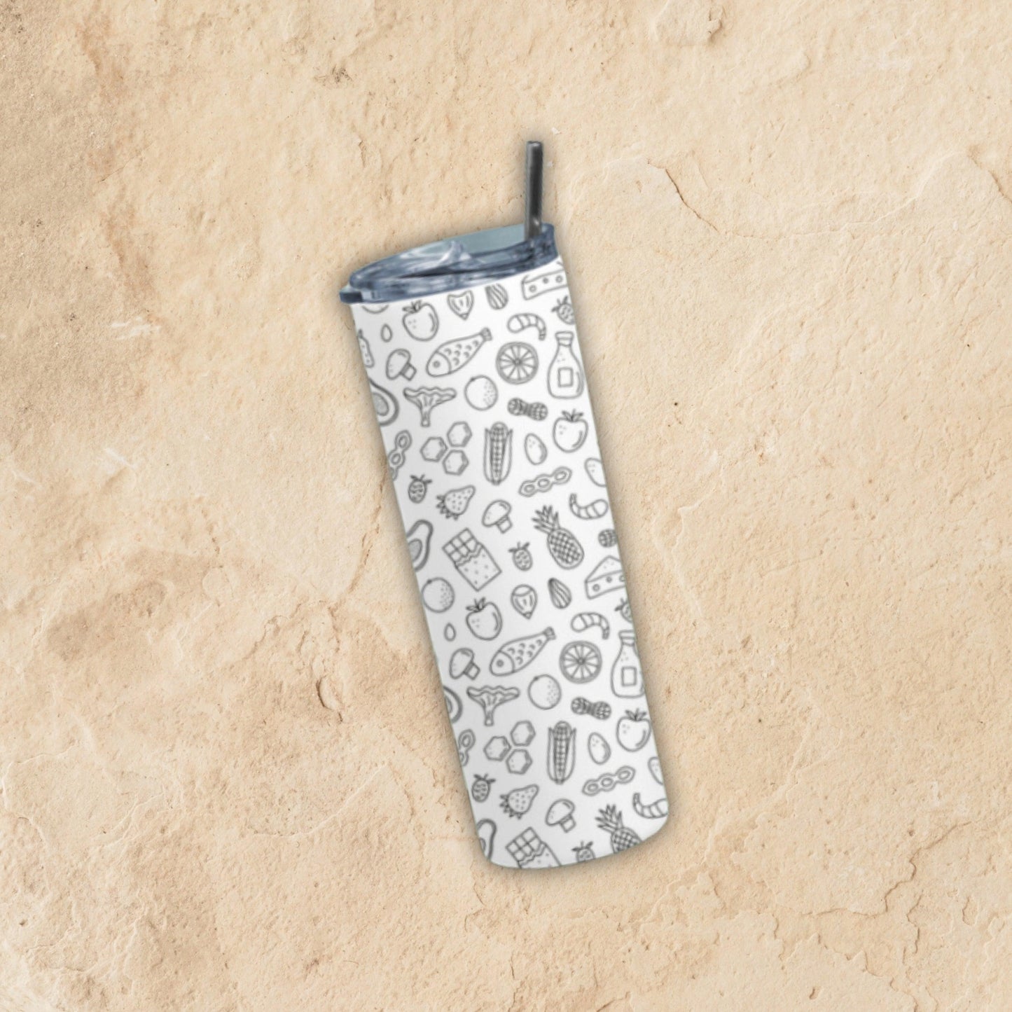 Food Doodle Tumbler Bottle by RedBerry Cuddle, a 20 oz stainless steel tumbler with a metal straw. It features a fun food doodle design, double wall insulation, and a splash-proof lid.