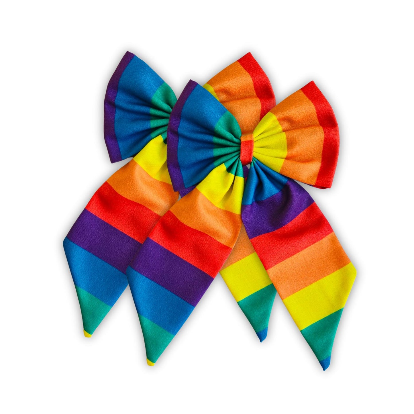 Pride Hair Bows (Pack of 2) by RedBerry Cuddle. A colorful and expressive set of two classic hair bows featuring vibrant rainbow-themed designs, crafted from high-quality fabric to celebrate LGBTQ+ pride with style and flair.