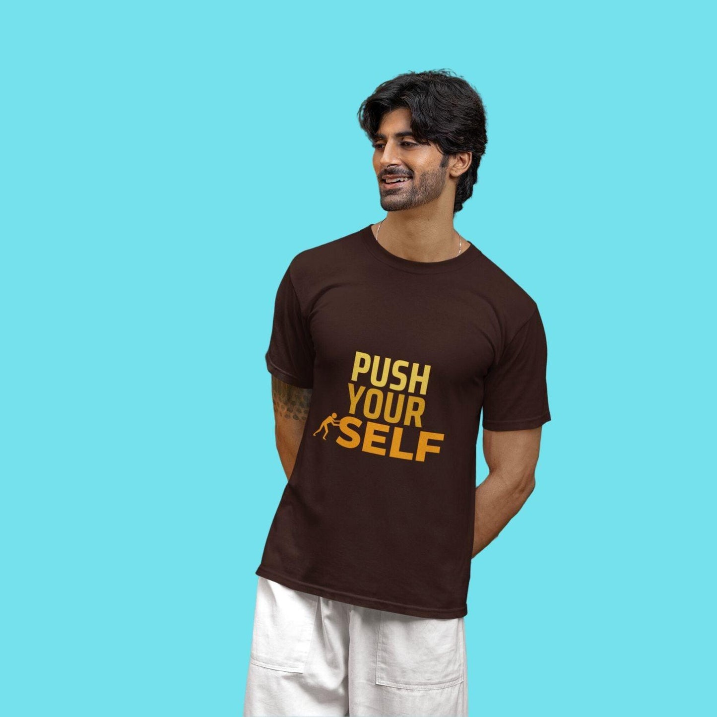 Push Yourself Men's T-shirt by RedBerry Cuddle, made from 100% cotton. It features a motivational slogan, offering both comfort and inspiration.