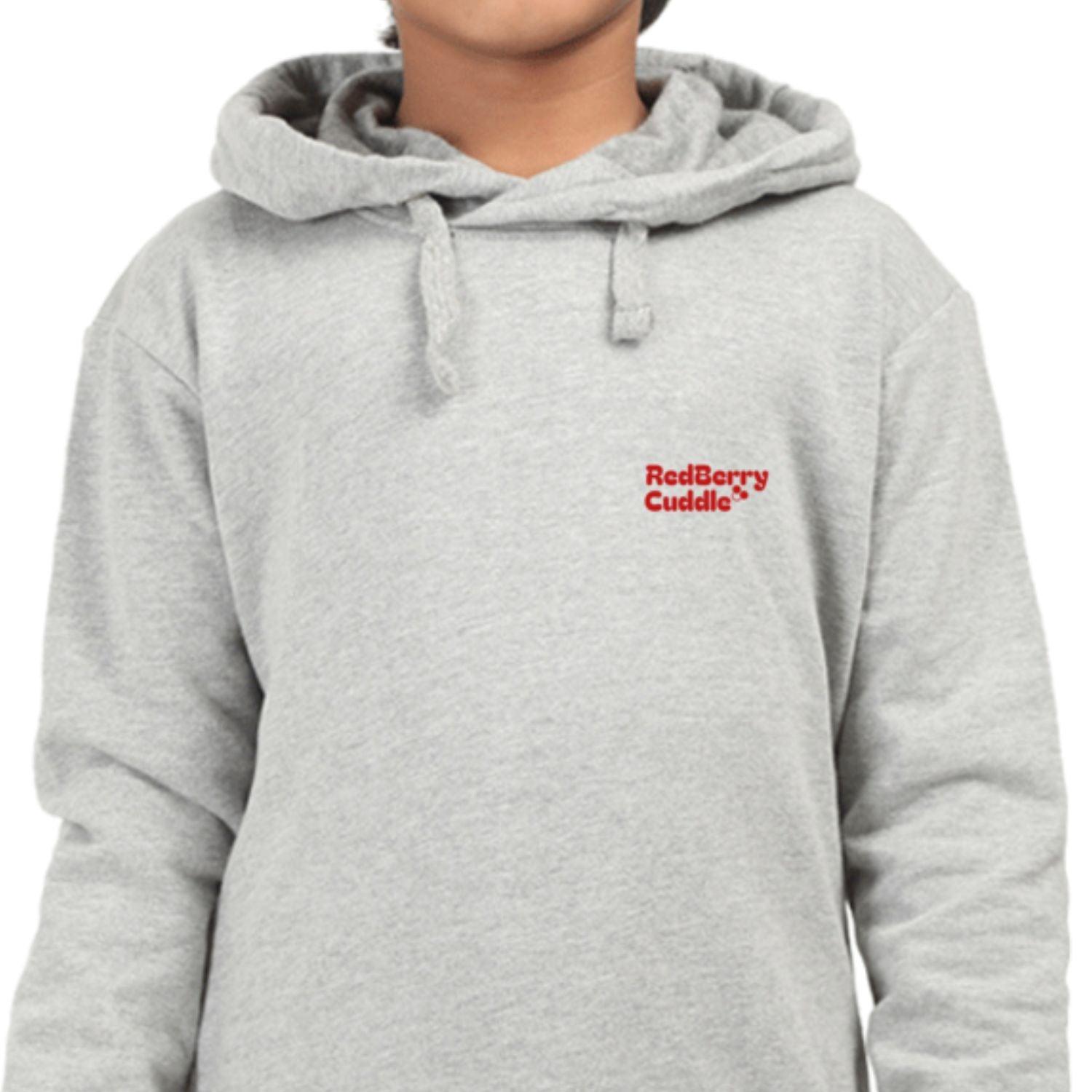 Yo Teddy Bear Kids Hooded Sweatshirt by RedBerry Cuddle, made from 100% cotton. This unisex hoodie features a playful teddy bear design with a 'Yo' slogan, providing a cute and cozy option for kids.