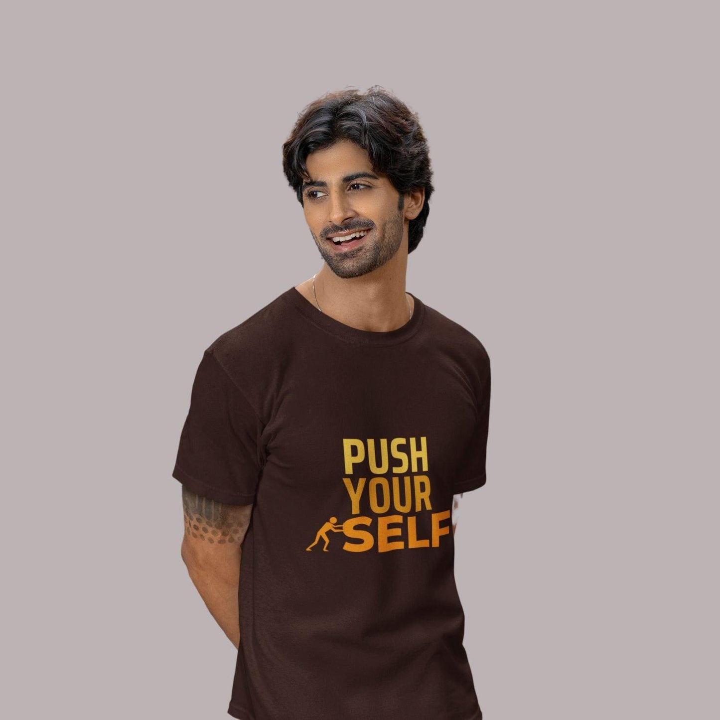 Push Yourself Men's T-shirt by RedBerry Cuddle, made from 100% cotton. It features a motivational slogan, offering both comfort and inspiration.