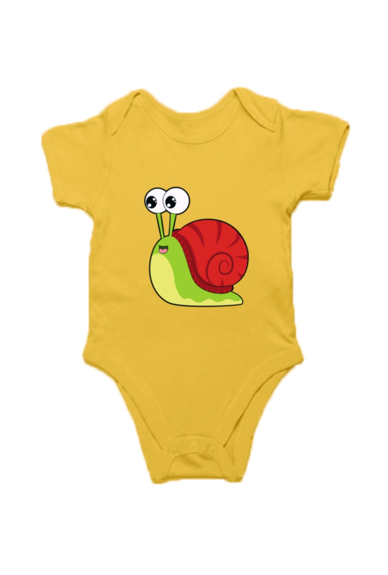 Yellow Romper Bodysuit - Snail design for babies by RedBerry Cuddle, made from 100% cotton. This romper features a cute snail design, providing soft comfort and cheerful style for infants.