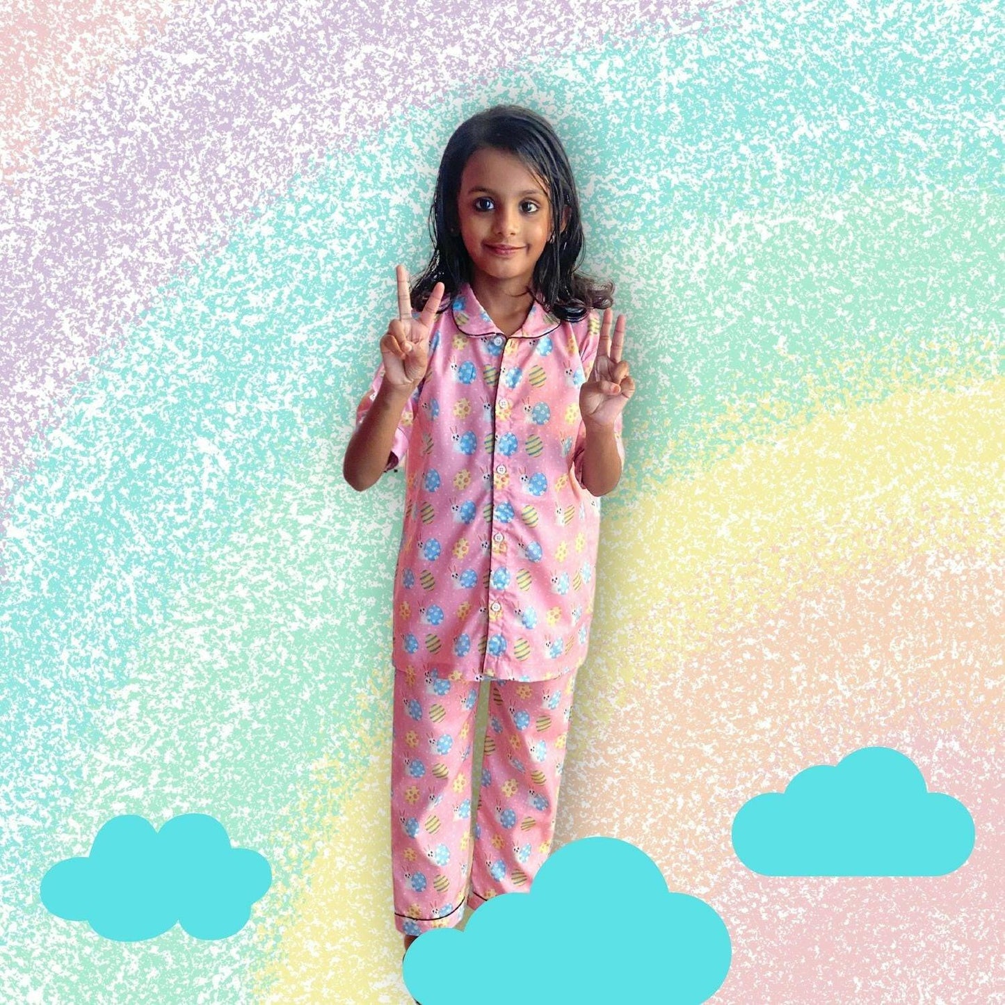 Easter Egg Pink Pajama Set by RedBerry Cuddle, made from 100% cotton. A soft and cozy unisex pajama set in a cheerful pink hue, designed for kids to enjoy comfortable sleep.