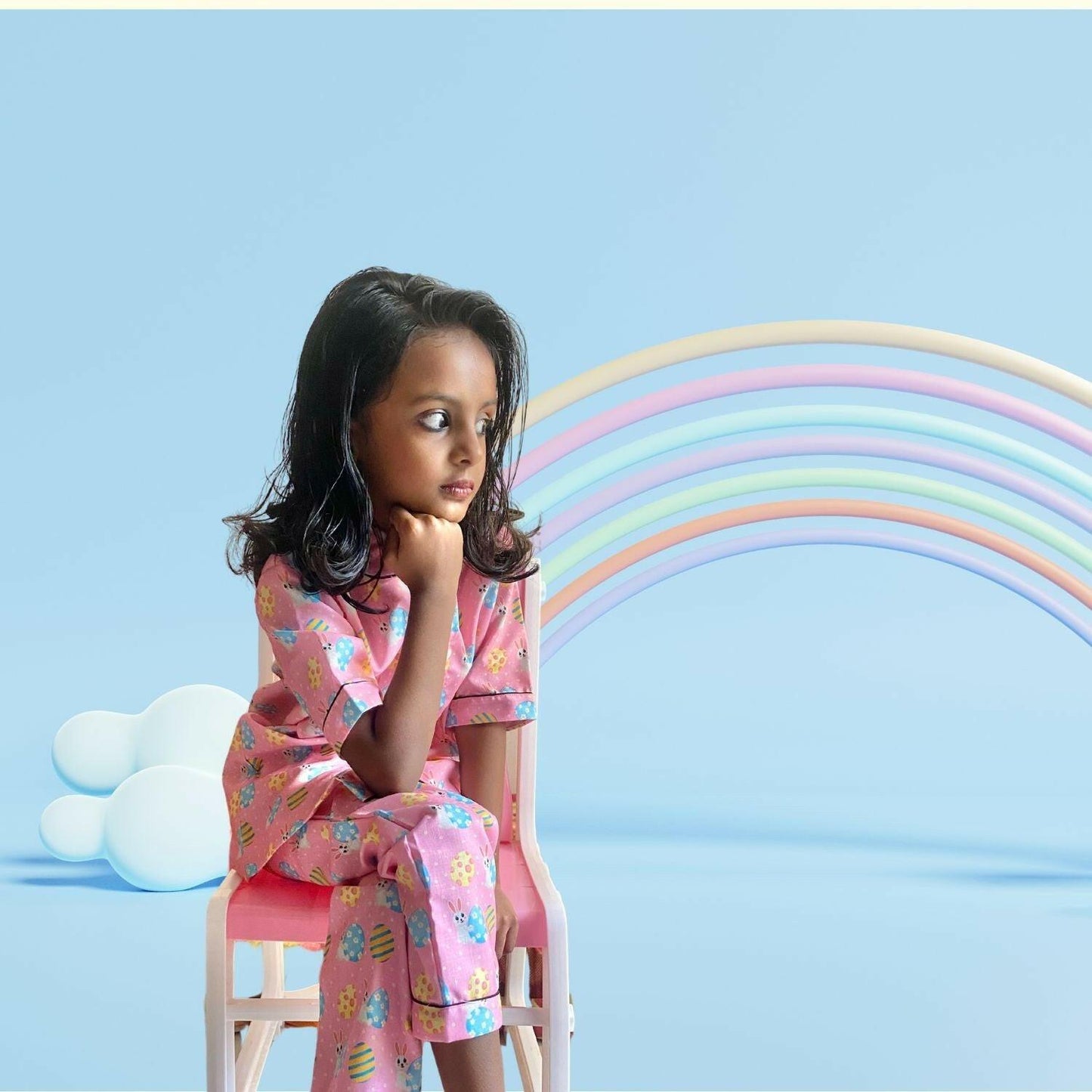 Easter Egg Pink Pajama Set by RedBerry Cuddle, made from 100% cotton. A soft and cozy unisex pajama set in a cheerful pink hue, designed for kids to enjoy comfortable sleep.