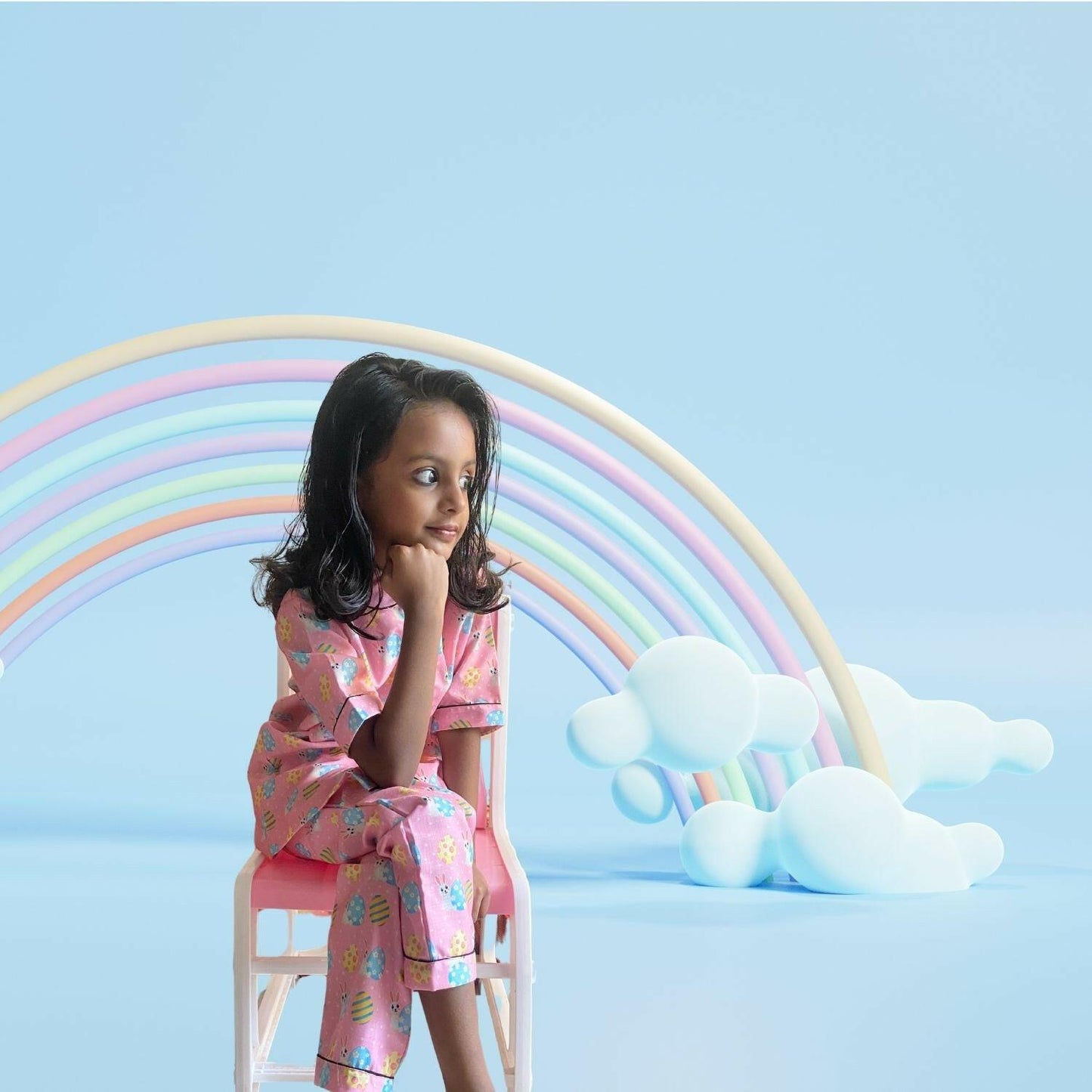 Easter Egg Pink Pajama Set by RedBerry Cuddle, made from 100% cotton. A soft and cozy unisex pajama set in a cheerful pink hue, designed for kids to enjoy comfortable sleep.