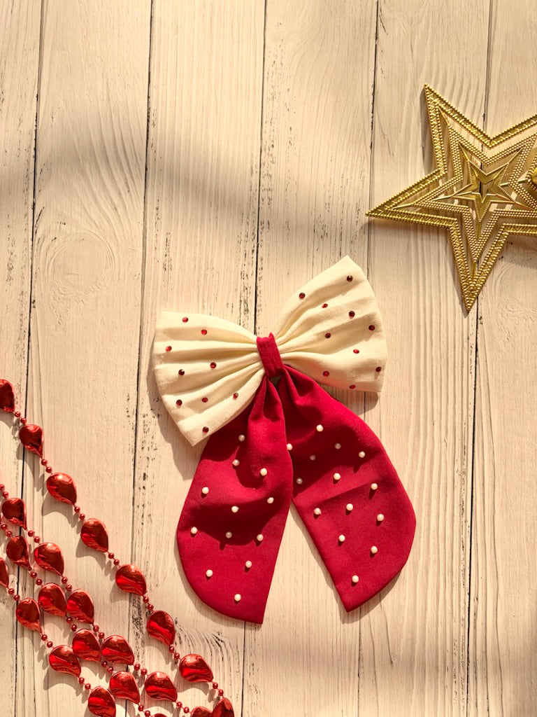 Christmas Bell Midi Tail Hair Bow (Red and White)