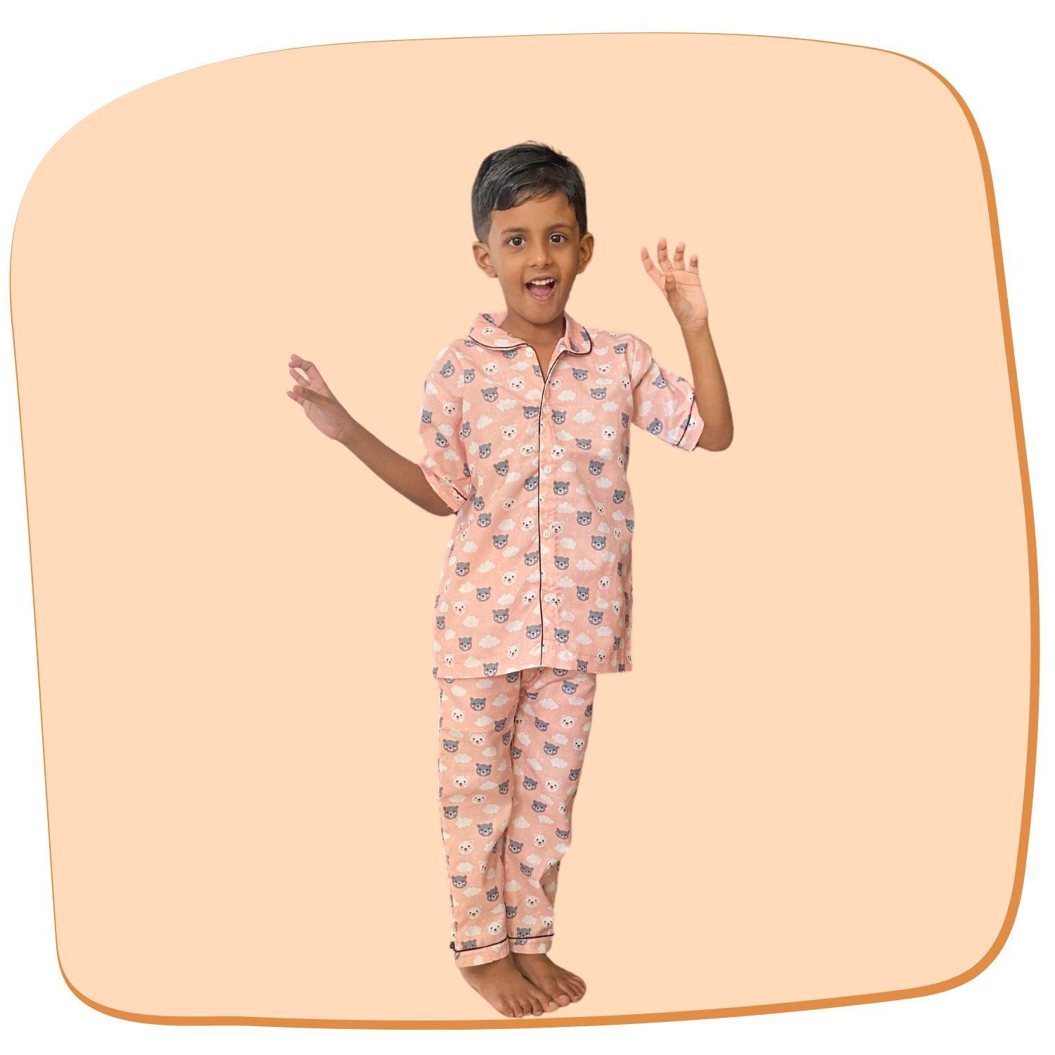 Bear Pajama Set by RedBerry Cuddle, made from 100% cotton. A cozy and soft unisex pajama set for kids, featuring an adorable bear design, perfect for comfortable and playful sleep.