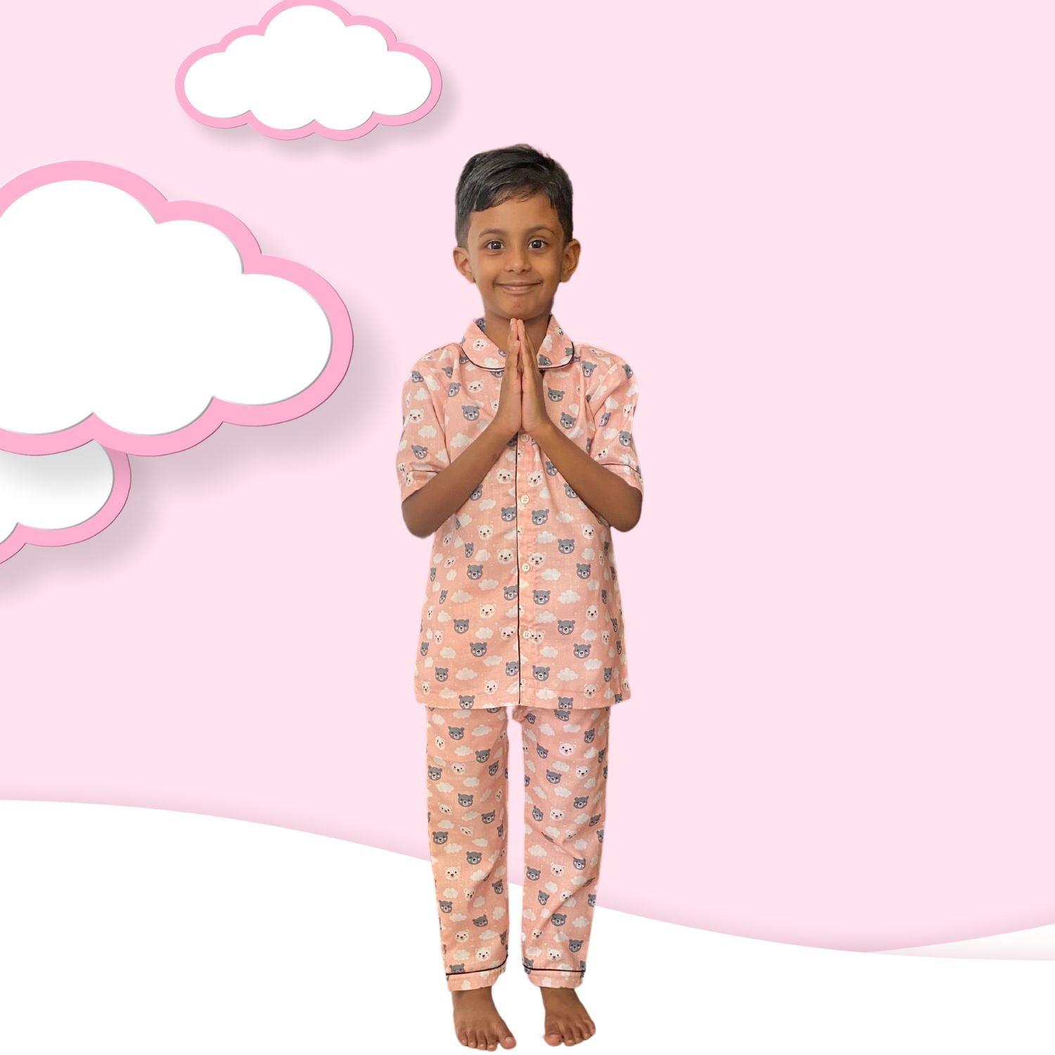 Bear Pajama Set by RedBerry Cuddle, made from 100% cotton. A cozy and soft unisex pajama set for kids, featuring an adorable bear design, perfect for comfortable and playful sleep.