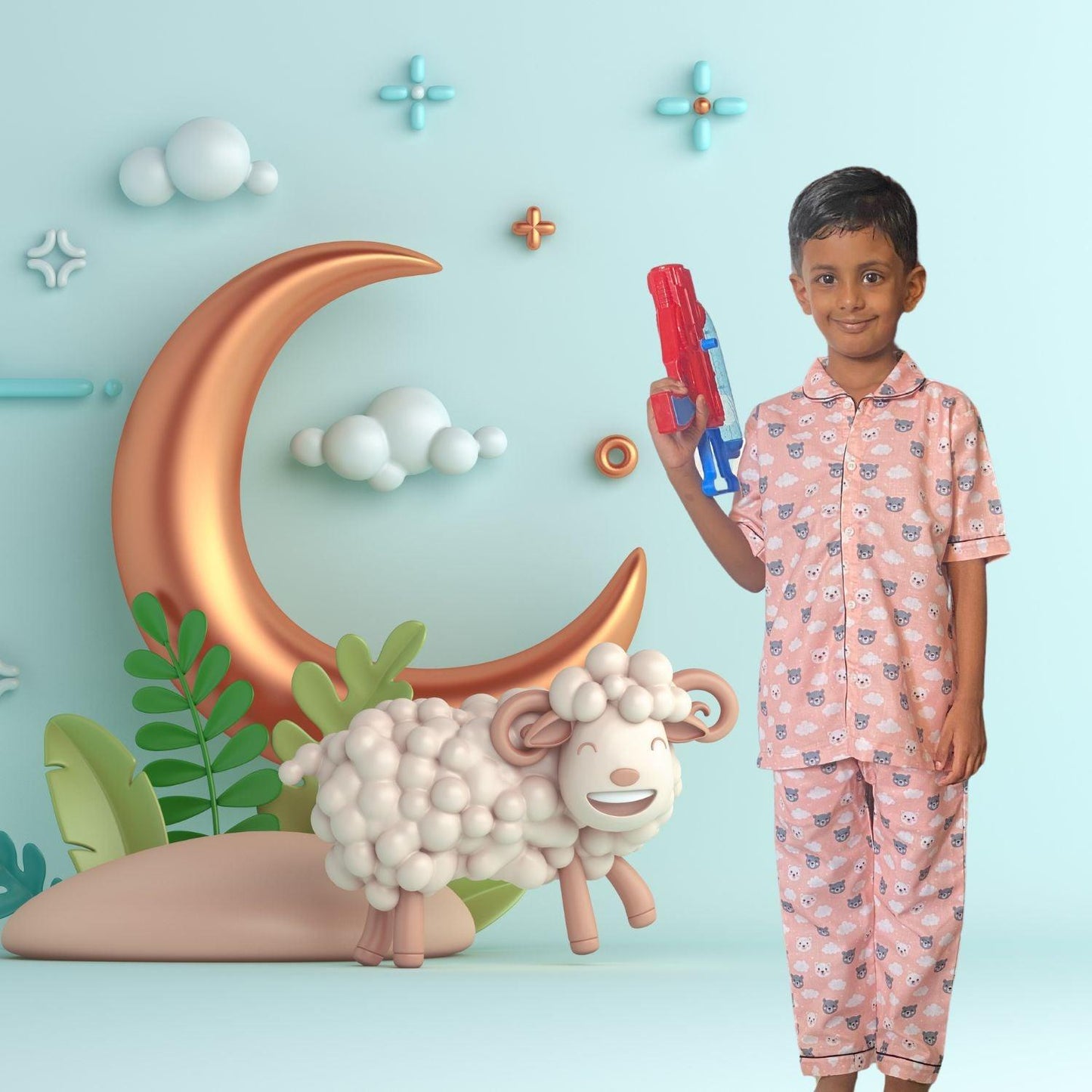 Bear Pajama Set by RedBerry Cuddle, made from 100% cotton. A cozy and soft unisex pajama set for kids, featuring an adorable bear design, perfect for comfortable and playful sleep.