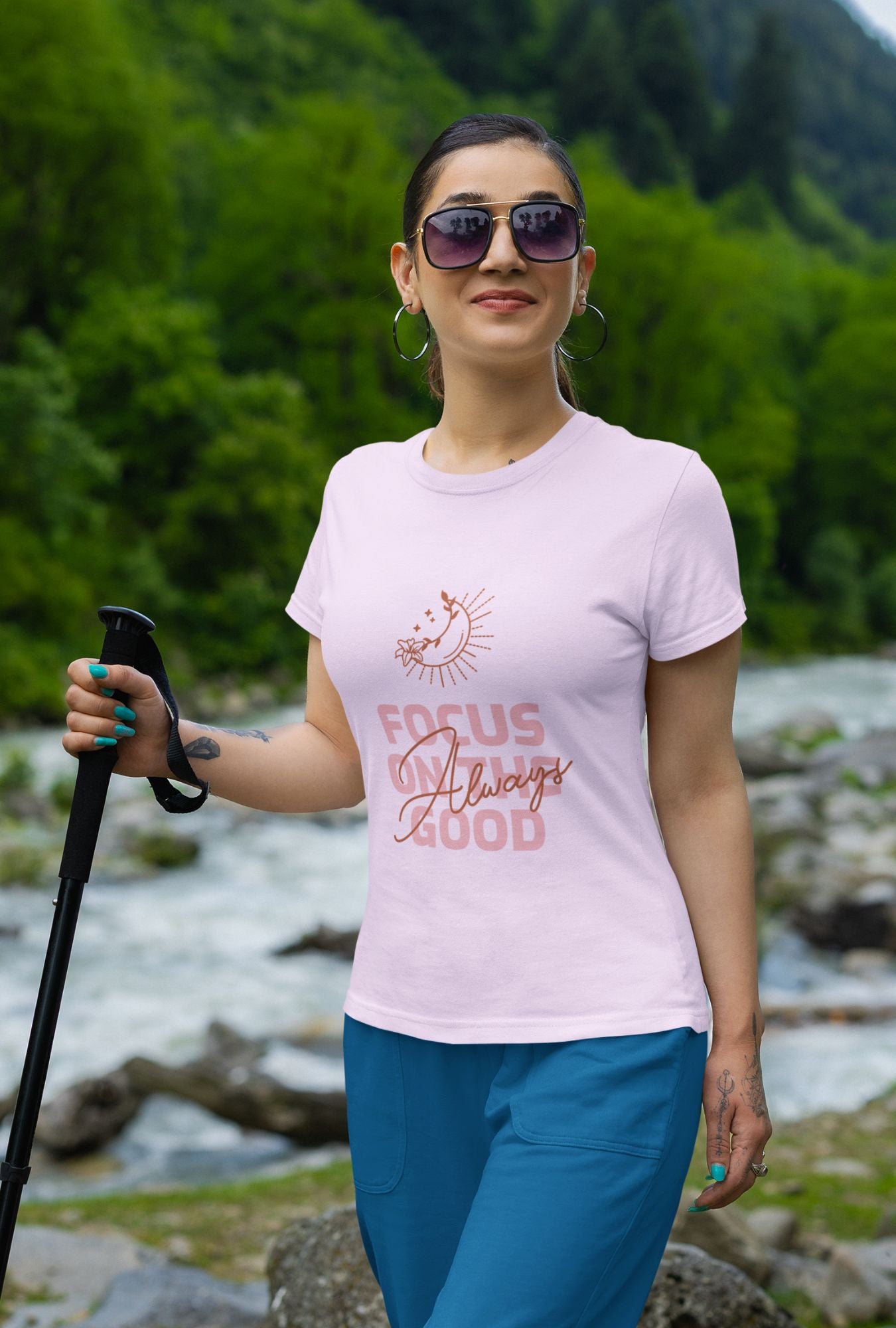 Always Focus on the Good Women's T-shirt by RedBerry Cuddle, made from 100% cotton. It features an uplifting slogan, offering both comfort and a positive message.