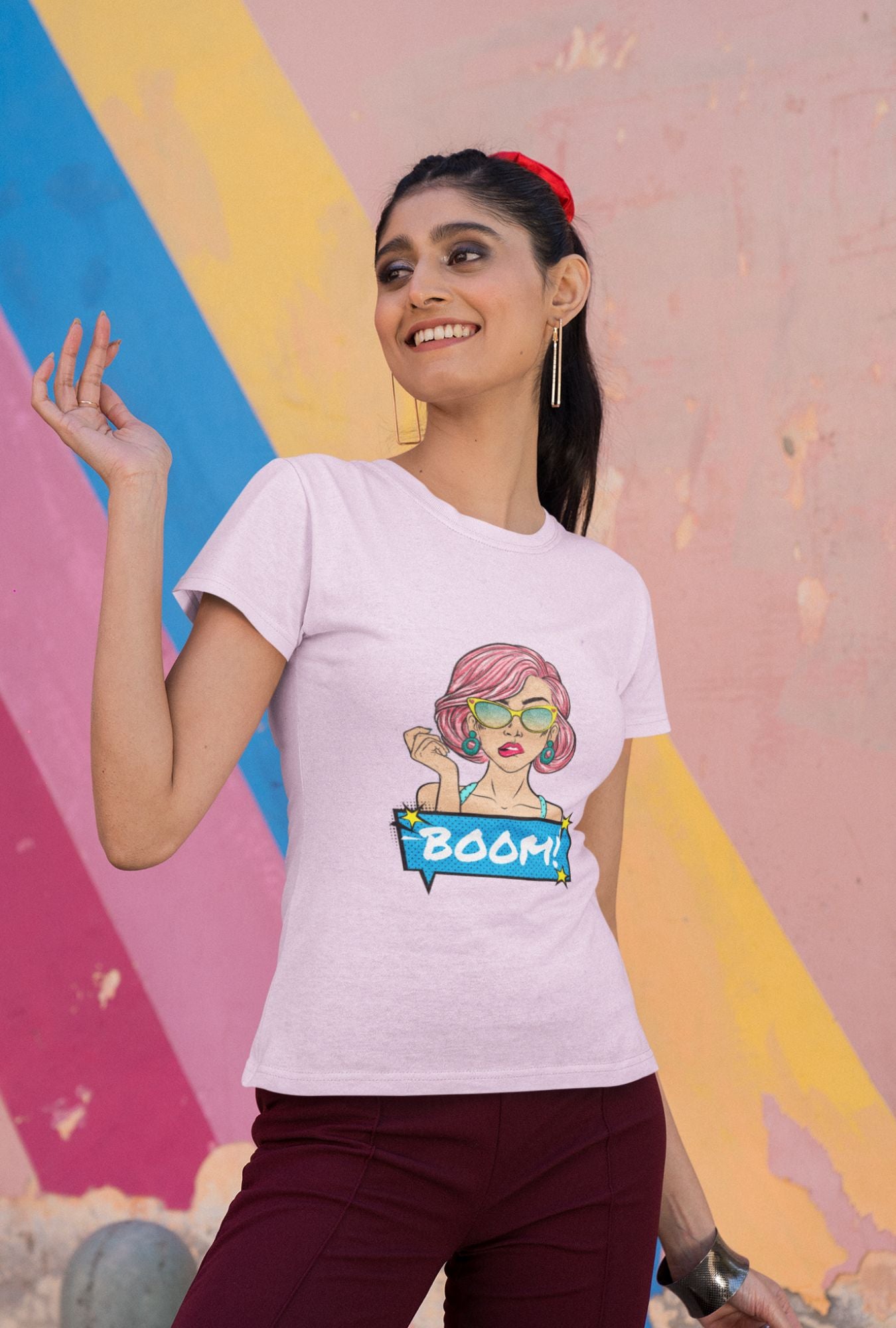 Boom Women's T-shirt by RedBerry Cuddle, made from 100% cotton. It features a bold, sassy 'Boom' design, offering comfort with an attitude.