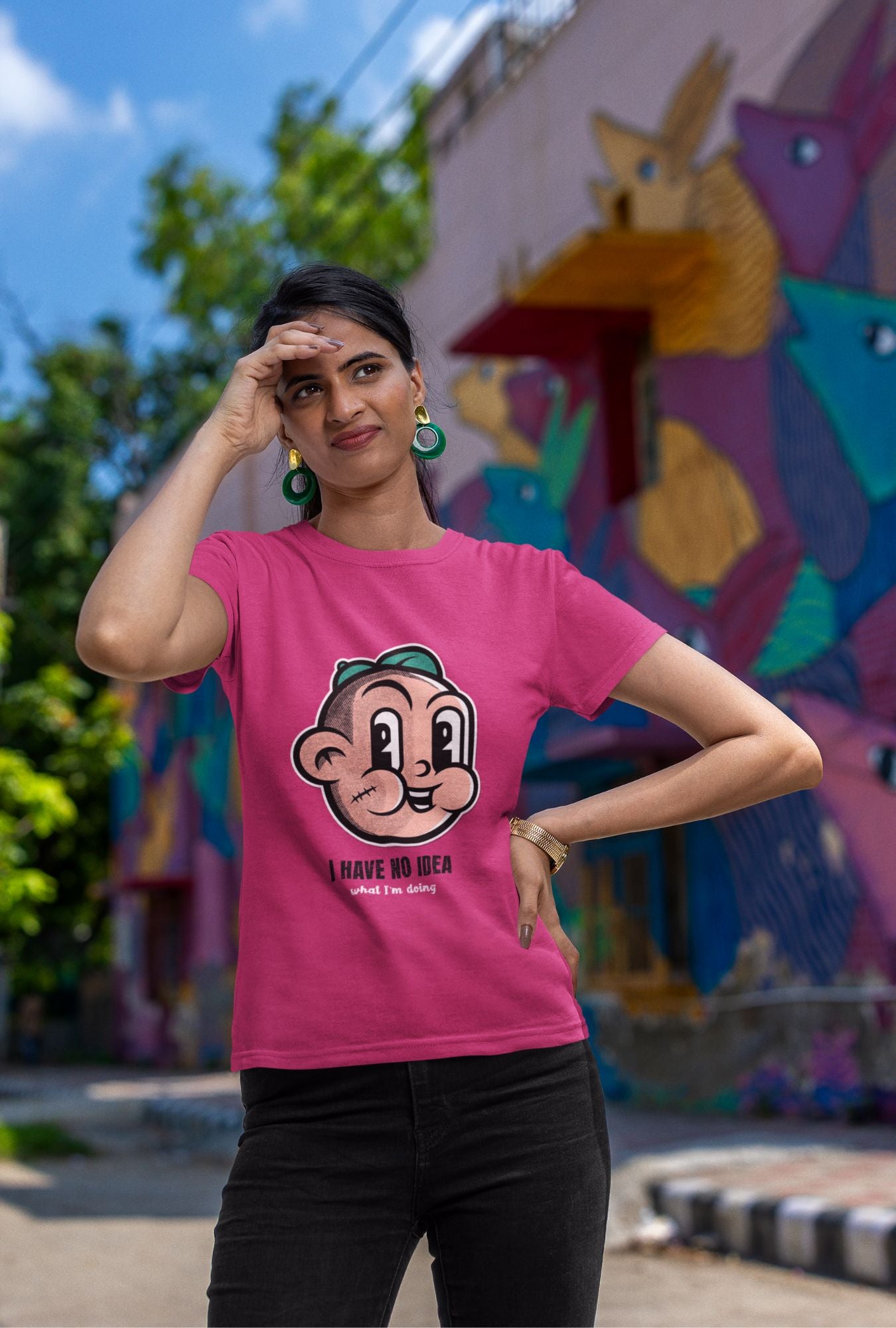 I Have No Idea Women's T-shirt by RedBerry Cuddle, made from 100% cotton. It features a fun and quirky slogan, offering both comfort and a playful style.