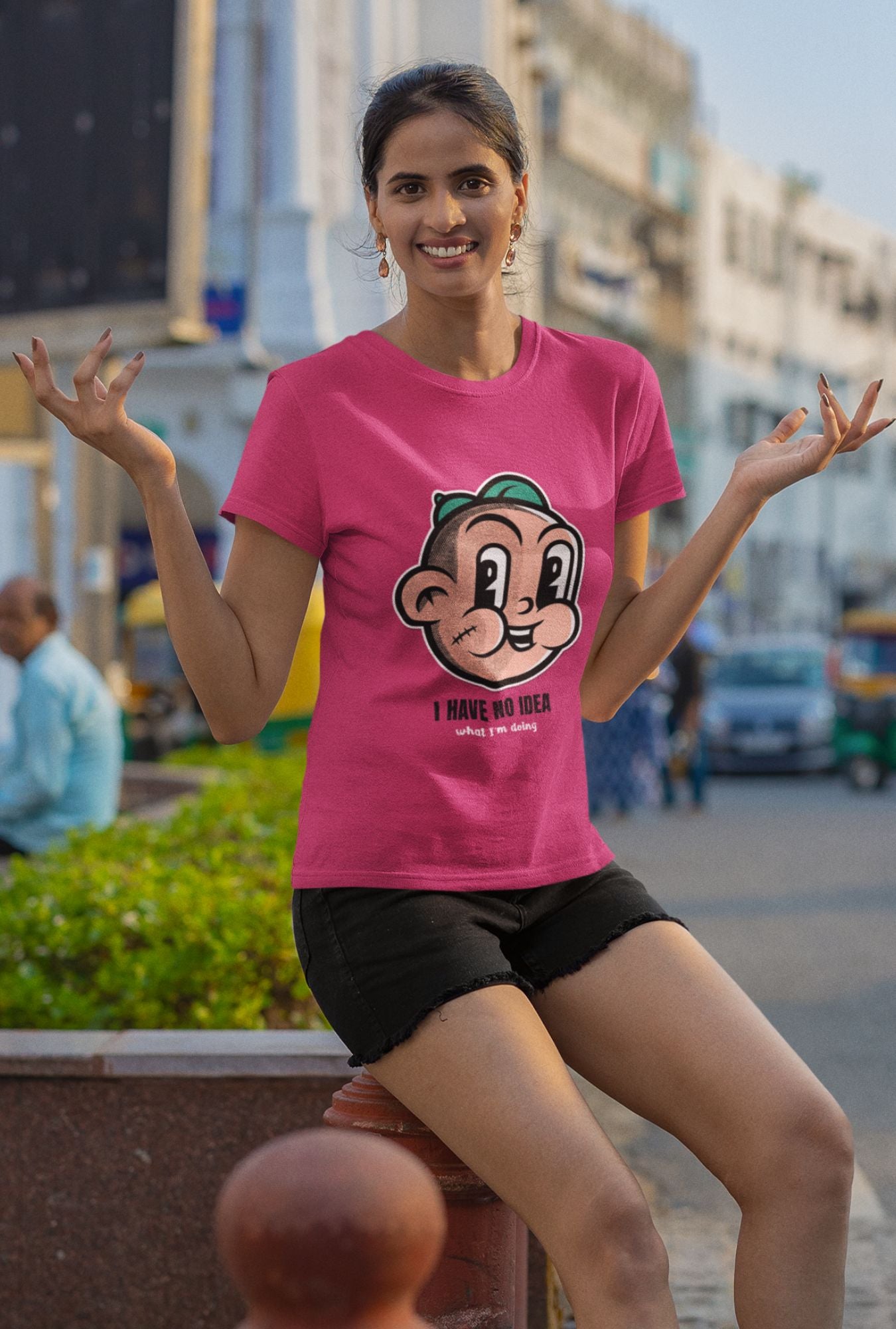 I Have No Idea Women's T-shirt by RedBerry Cuddle, made from 100% cotton. It features a fun and quirky slogan, offering both comfort and a playful style.