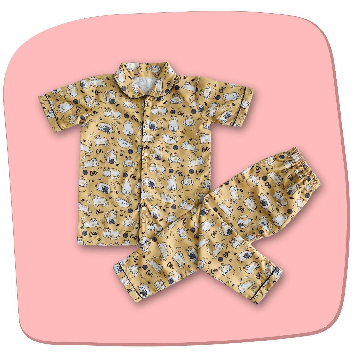 Cat Pajama Set by RedBerry Cuddle, made from 100% cotton. A soft and comfy unisex pajama set for kids, featuring a cute cat design, perfect for cozy and restful sleep.