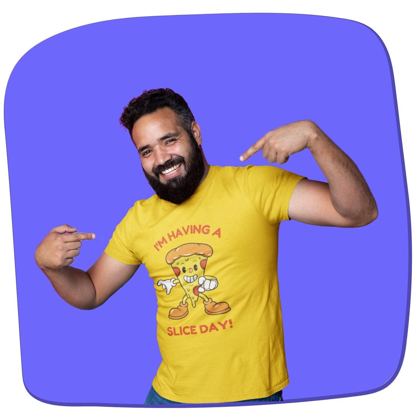 I'm Having a Slice Day Men's T-shirt by RedBerry Cuddle, made from 100% cotton. It features a fun pizza-themed slogan, offering comfort with a playful twist.