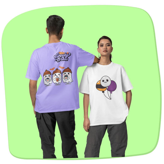 Halloween Spooky Vibes Women's Oversized T-shirt by RedBerry Cuddle, made from 100% cotton. This shirt features a fun 'Spooky Vibes' Halloween-themed design, offering a comfortable and relaxed fit for casual wear.