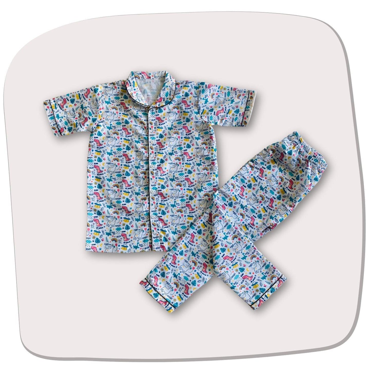 Magic Doodle Pajama Set by RedBerry Cuddle, a unisex night suit for kids made from 100% cotton. The set features whimsical doodle designs, perfect for a cozy and imaginative bedtime experience.