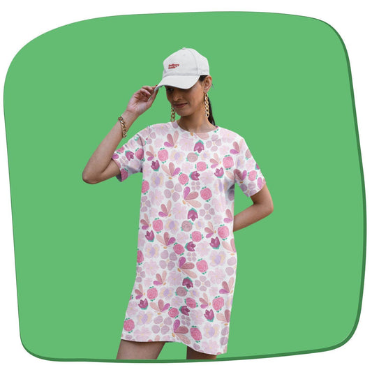 Floral Women's T-shirt Dress by RedBerry Cuddle, featuring a vibrant floral design. It is fade-proof and includes two attached pockets for both style and practicality.