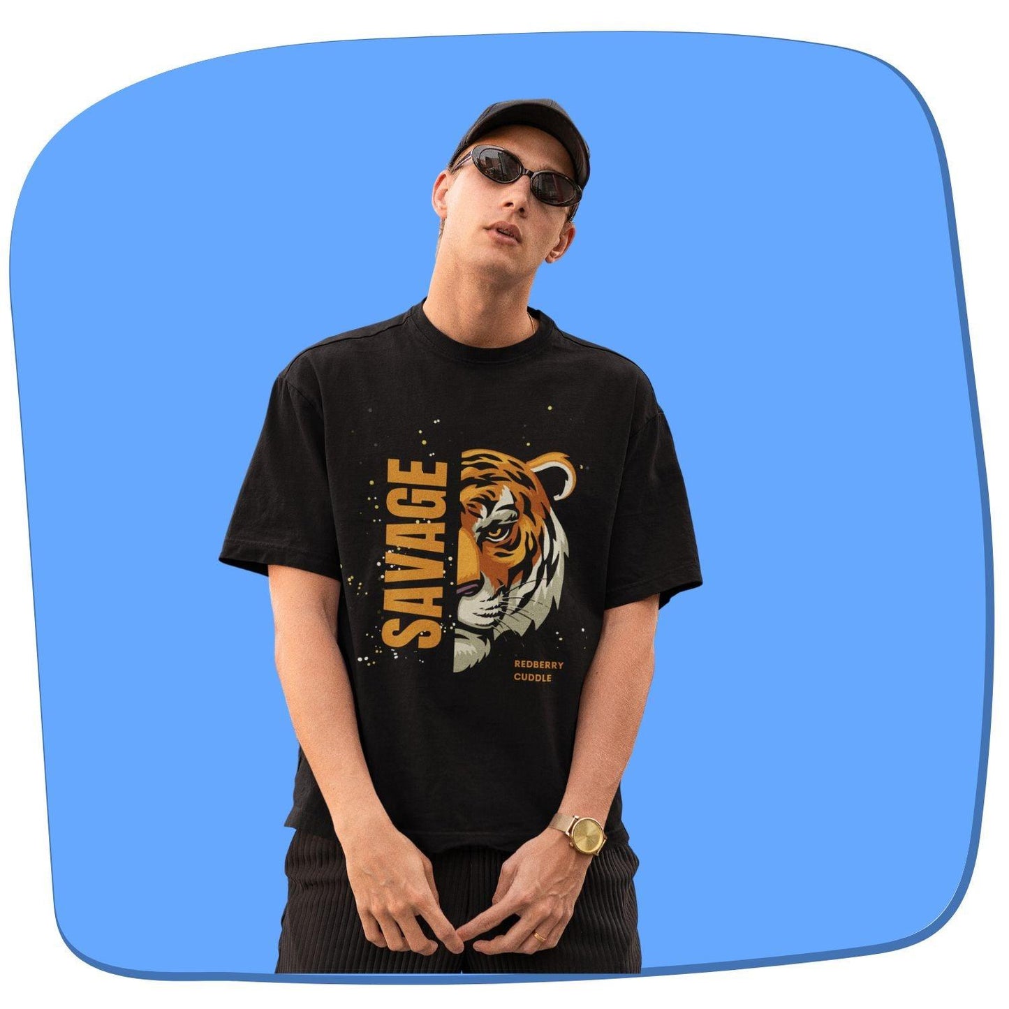 Tiger Savage Men's Oversized T-shirt by RedBerry Cuddle, made from 100% cotton. This shirt features a fierce tiger-themed design with a 'Savage' slogan, offering a relaxed and bold style for casual wear.