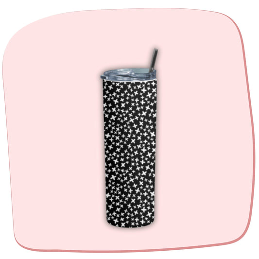 Tiny Star Tumbler Bottle by RedBerry Cuddle, a 20 oz stainless steel tumbler with a metal straw. It features a charming tiny star design, double wall insulation, and a splash-proof lid.