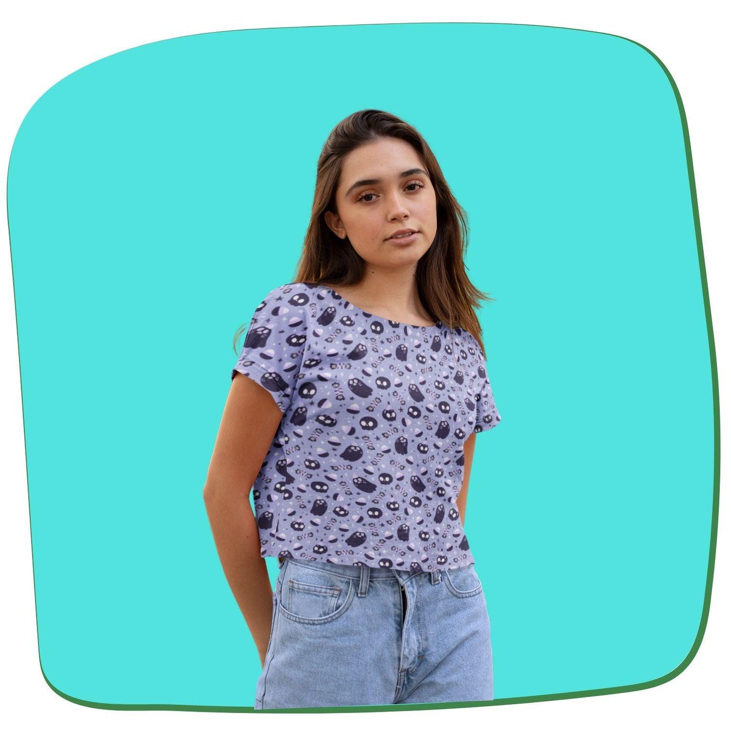 Halloween Boo Women's Crop Top by RedBerry Cuddle, featuring a spooky 'Boo' design. It is fade-proof, offering a fun and stylish option for the Halloween season