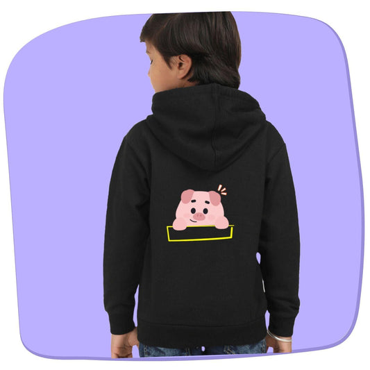 Pig Kids Hooded Sweatshirt by RedBerry Cuddle, made from 100% cotton. This unisex hoodie features an adorable pig design, offering both comfort and a fun look for kids.