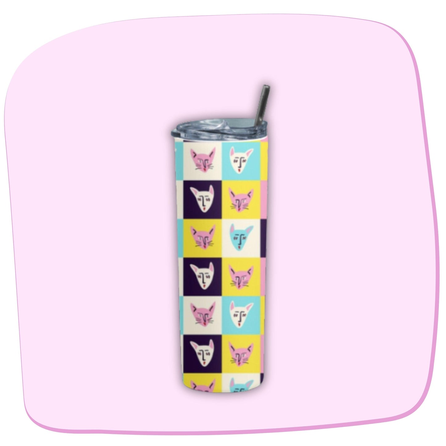 Cat Tumbler Bottle by RedBerry Cuddle, a 20 oz stainless steel tumbler with a metal straw. It features an adorable cat design, double wall insulation, and a splash-proof lid.