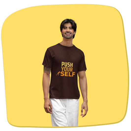 Push Yourself Men's T-shirt by RedBerry Cuddle, made from 100% cotton. It features a motivational slogan, offering both comfort and inspiration.