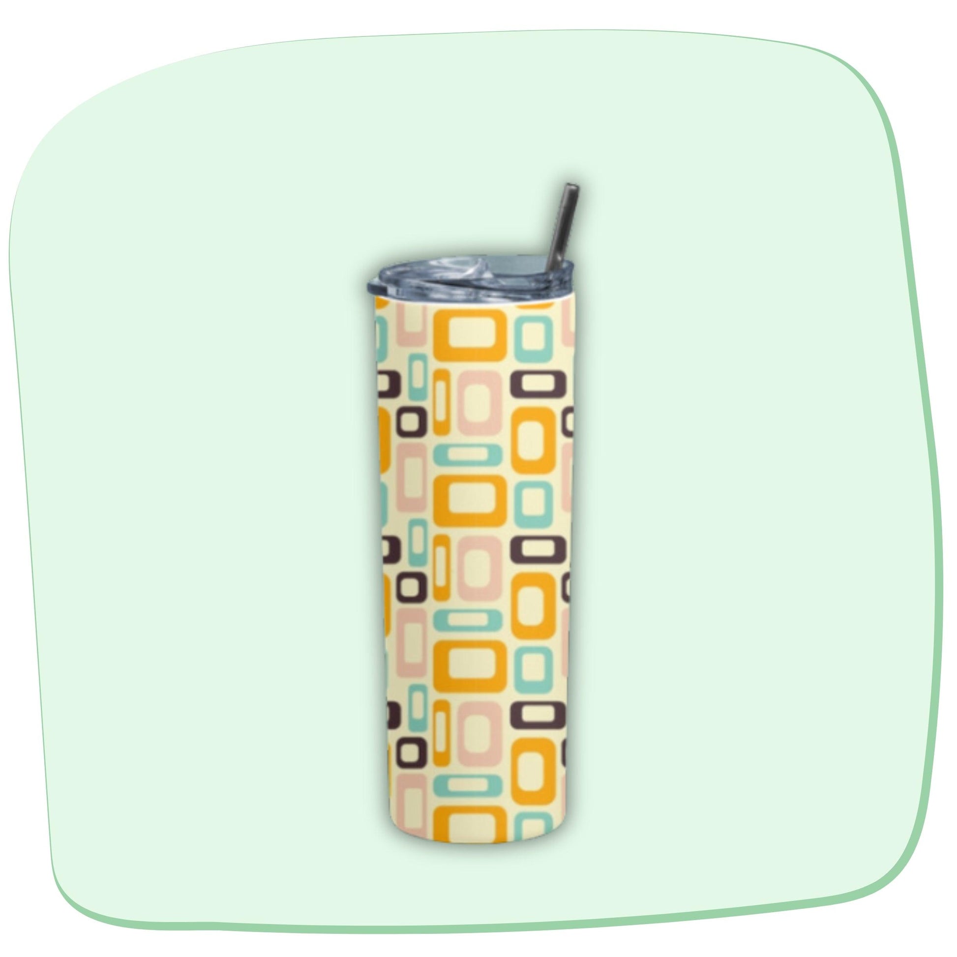 Square Doodle Tumbler Bottle by RedBerry Cuddle, a 20 oz stainless steel tumbler with a metal straw. It features a quirky square doodle design, double wall insulation, and a splash-proof lid.