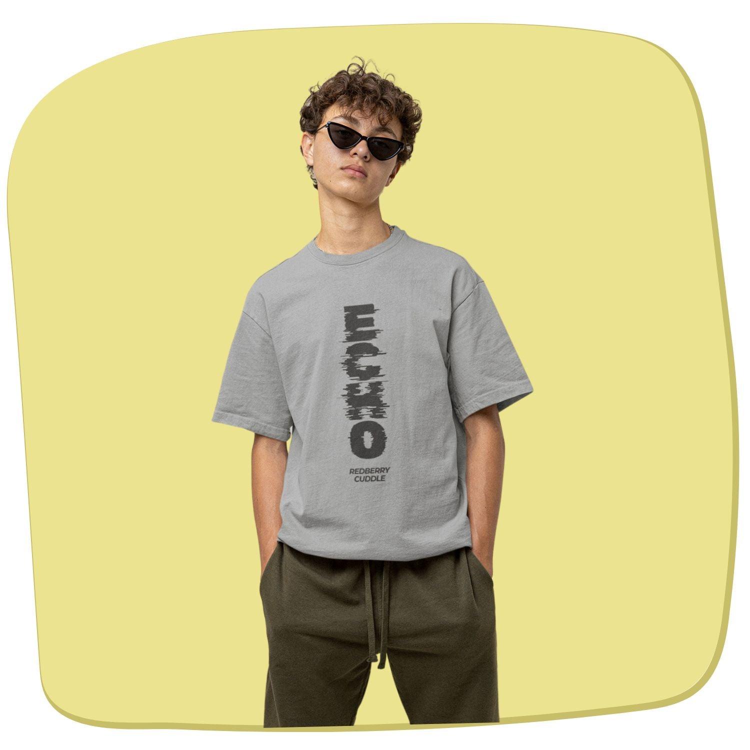 Echo Men's Oversized T-shirt by RedBerry Cuddle, made from 100% cotton. This shirt features a minimalist 'Echo' design, offering a relaxed fit and comfortable style for casual wear.