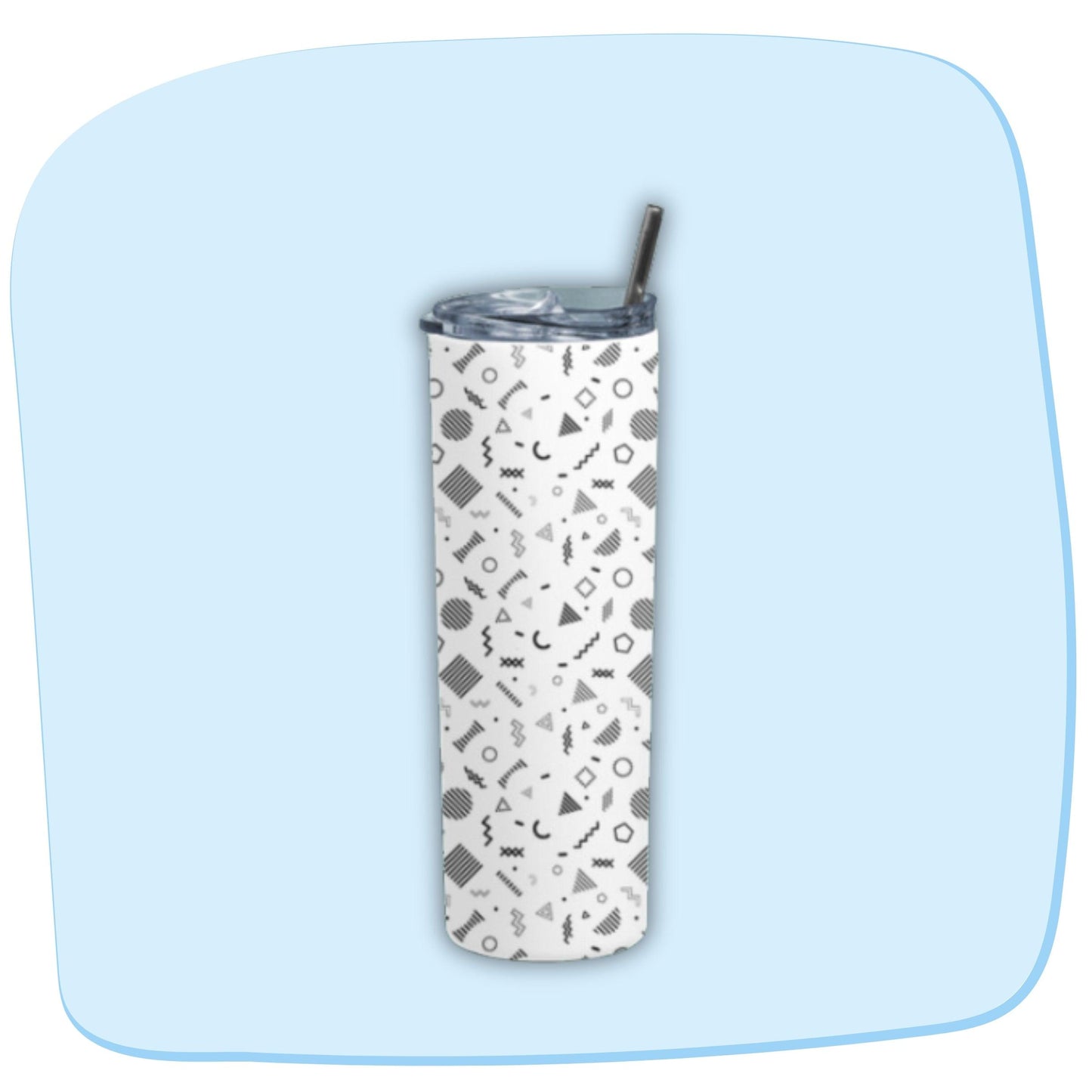 Doodle Shapes Tumbler Bottle by RedBerry Cuddle, a 20 oz stainless steel tumbler with a metal straw. It features a fun doodle shapes design, double wall insulation, and a splash-proof lid.