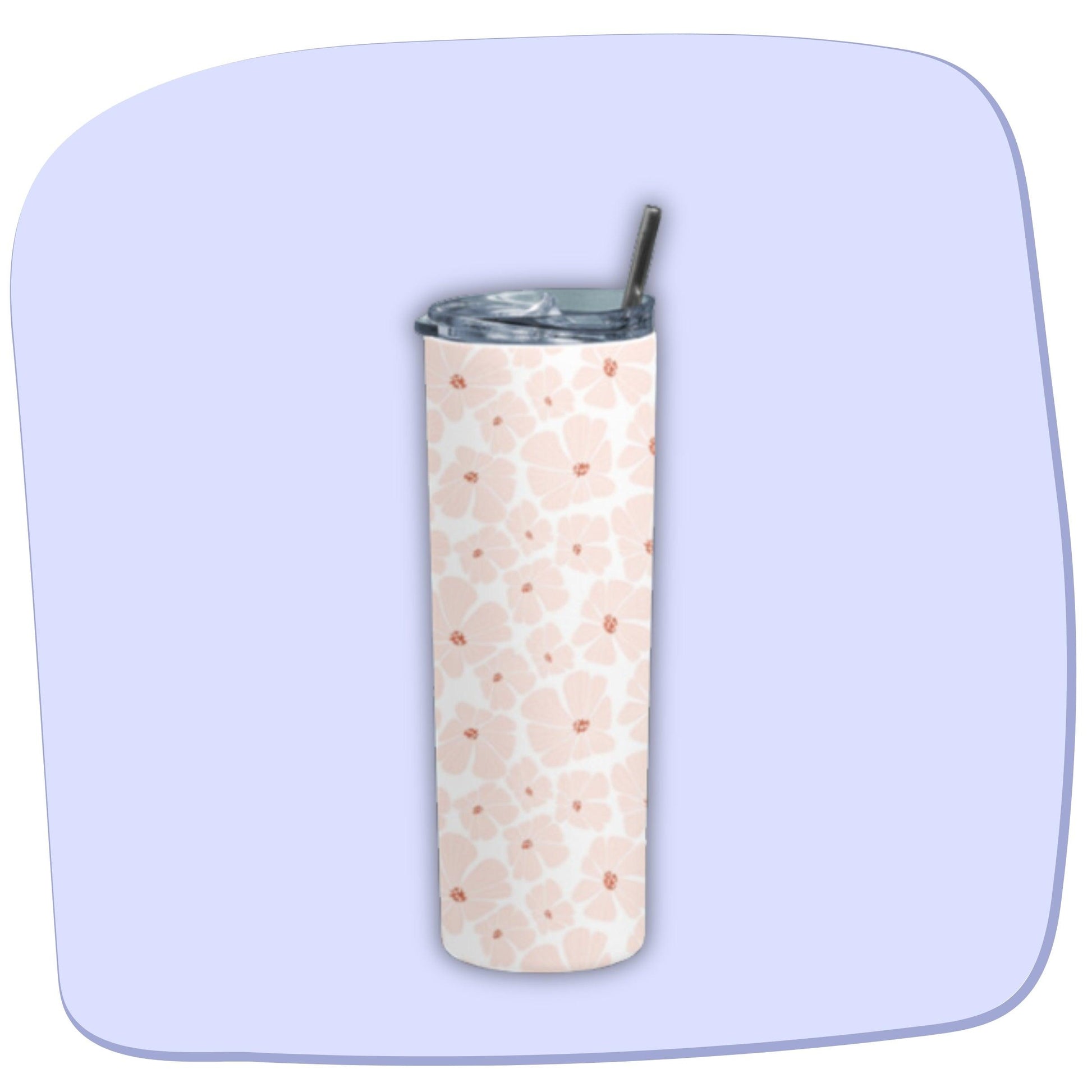 Flower Doodle Tumbler Bottle by RedBerry Cuddle, a 20 oz stainless steel tumbler with a metal straw. It features a playful flower doodle design, double wall insulation, and a splash-proof lid.