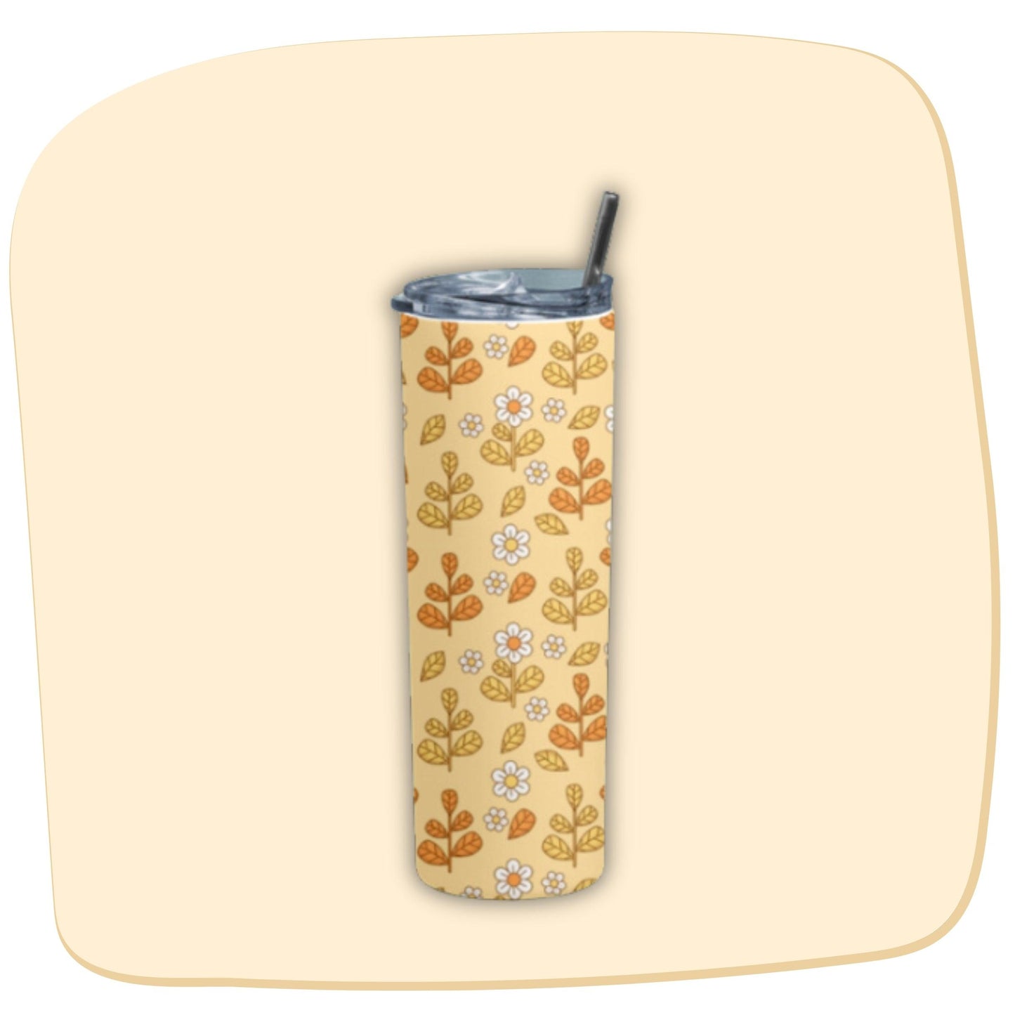 Yellow Leaf Tumbler Bottle by RedBerry Cuddle, a 20 oz stainless steel tumbler with a metal straw. It showcases a stylish yellow leaf design, double wall insulation, and a splash-proof lid.