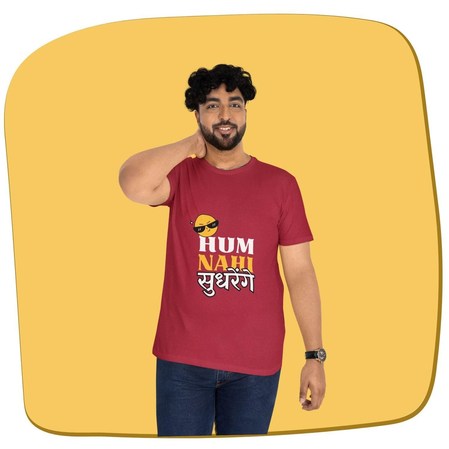 Hum Nahi Sudharenge Men's T-shirt by RedBerry Cuddle, made from 100% cotton. It features a bold and fun text design, delivering comfort with a playful attitude.