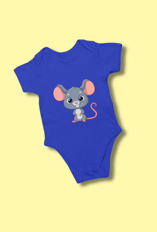 Royal Blue Romper Bodysuit - Mouse design for babies by RedBerry Cuddle, made from 100% cotton. This romper features a cute mouse design, offering soft comfort and style for infants.