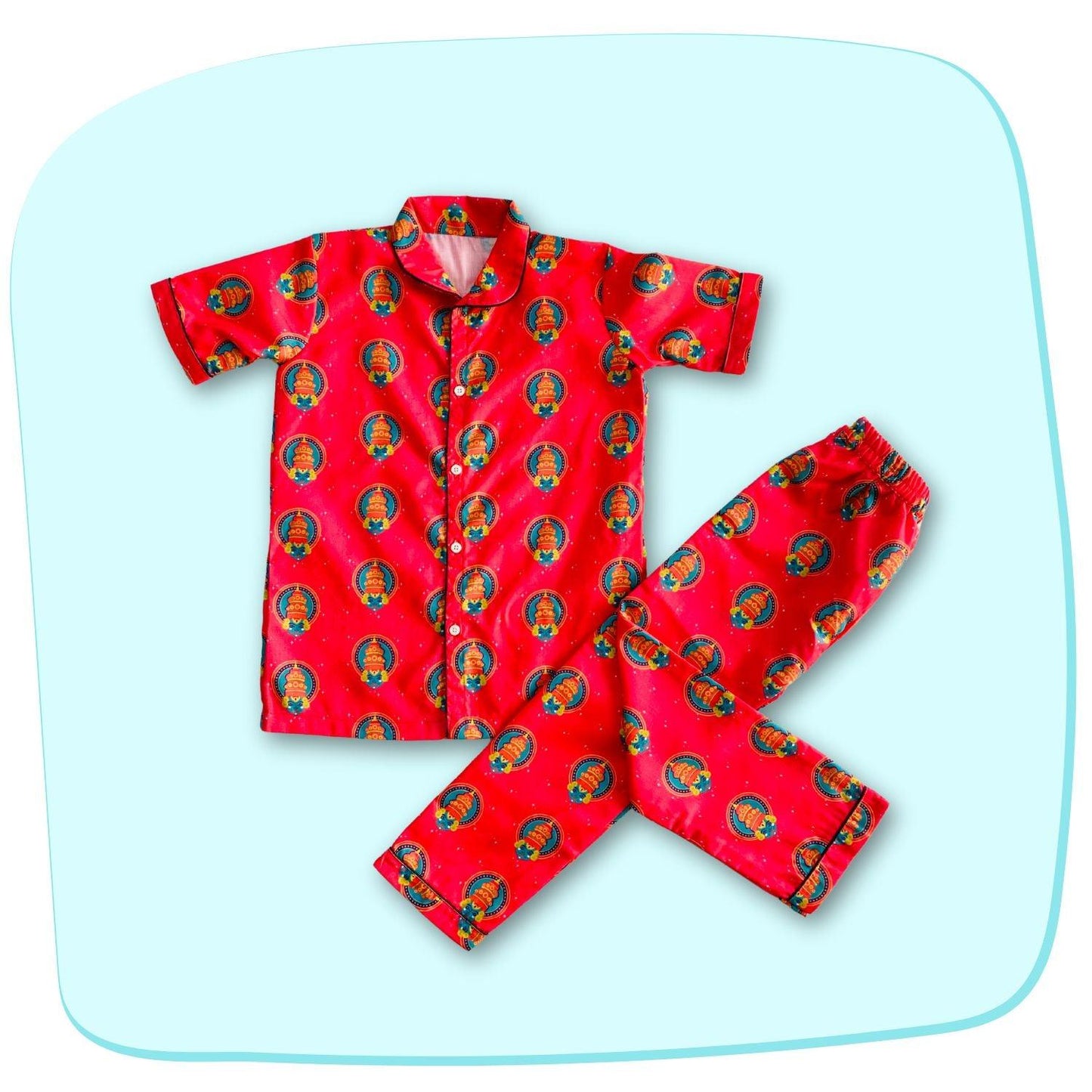 Kathakali Doodle Pajama Set by RedBerry Cuddle, a unisex night suit for kids made from 100% cotton. The set features intricate Kathakali-inspired doodle designs, blending cultural art with comfort for bedtime.