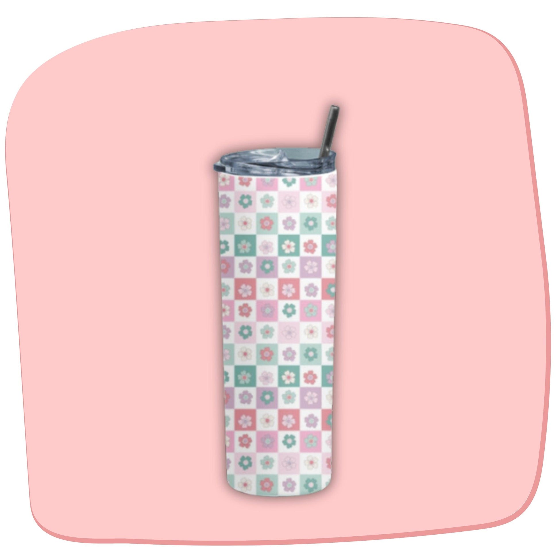 Color Flowers Tumbler Bottle by RedBerry Cuddle, a 20 oz stainless steel tumbler with a metal straw. It features a vibrant floral design, double wall insulation, and a splash-proof lid.