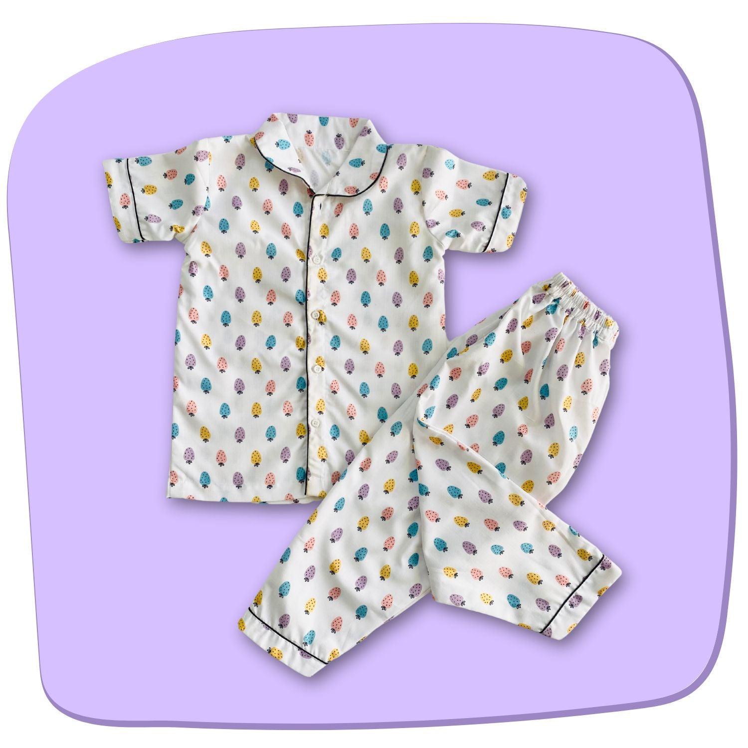 Strawberry Pajama Set by RedBerry Cuddle, made from 100% cotton. A soft and cozy unisex pajama set for kids, featuring a playful strawberry pattern, perfect for comfortable and fun sleep.