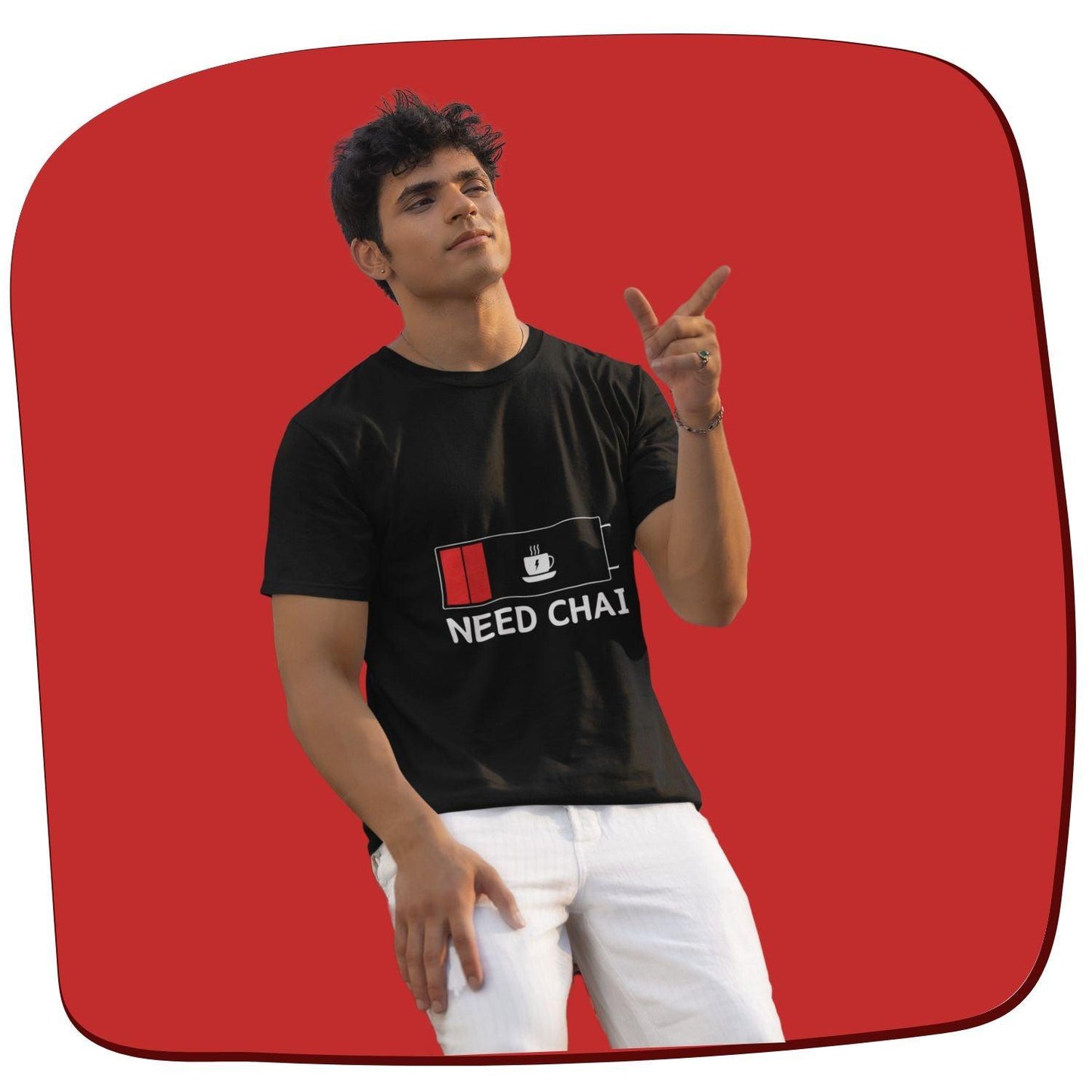 Need Chai Men's T-shirt by RedBerry Cuddle, made from 100% cotton. It features a quirky 'Need Chai' slogan, perfect for tea lovers seeking comfort and style.