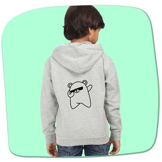 Yo Teddy Bear Kids Hooded Sweatshirt by RedBerry Cuddle, made from 100% cotton. This unisex hoodie features a playful teddy bear design with a 'Yo' slogan, providing a cute and cozy option for kids.