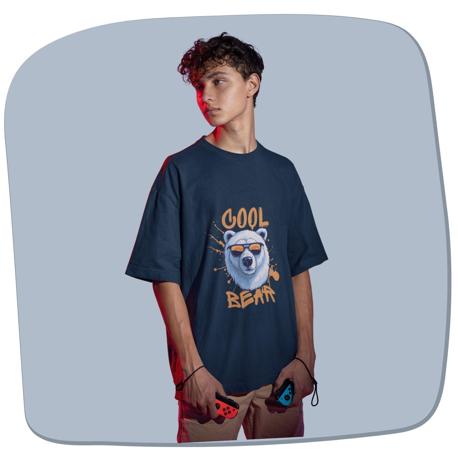 Cool Bear Men's Oversized T-shirt by RedBerry Cuddle, made from 100% cotton. This shirt features a fun 'Cool Bear' design, offering a relaxed fit and playful style for casual wear.