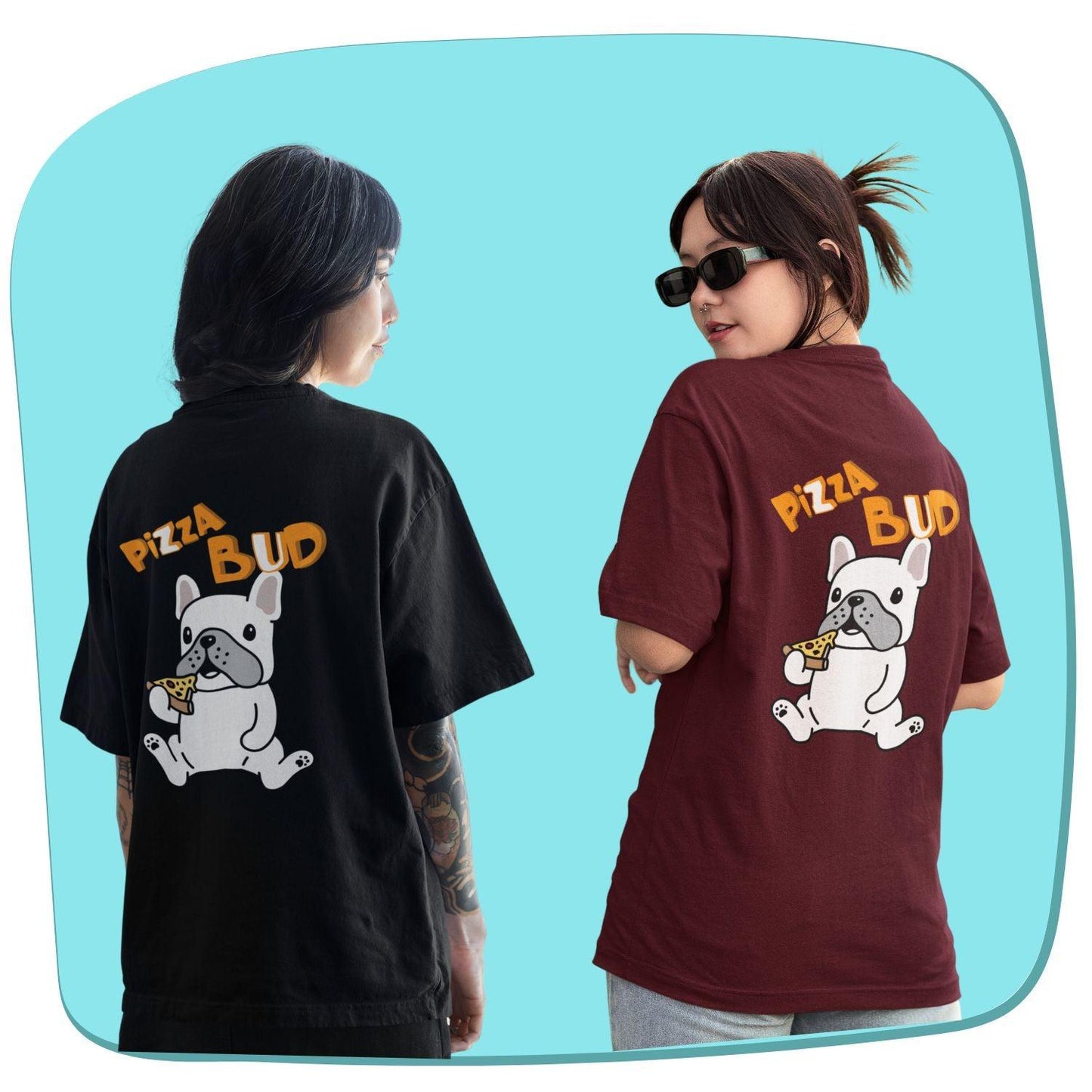 Pizza Bud Women's Oversized T-shirt by RedBerry Cuddle, made from 100% cotton. It features a fun pizza-themed design, offering a relaxed and comfortable fit for casual wear.