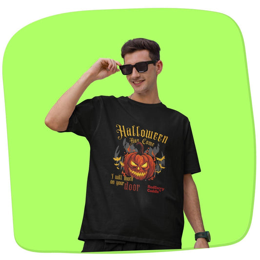 Halloween Men's Oversized T-shirt by RedBerry Cuddle, made from 100% cotton. This shirt features a bold Halloween-themed design, offering a relaxed and comfortable fit for casual wear.