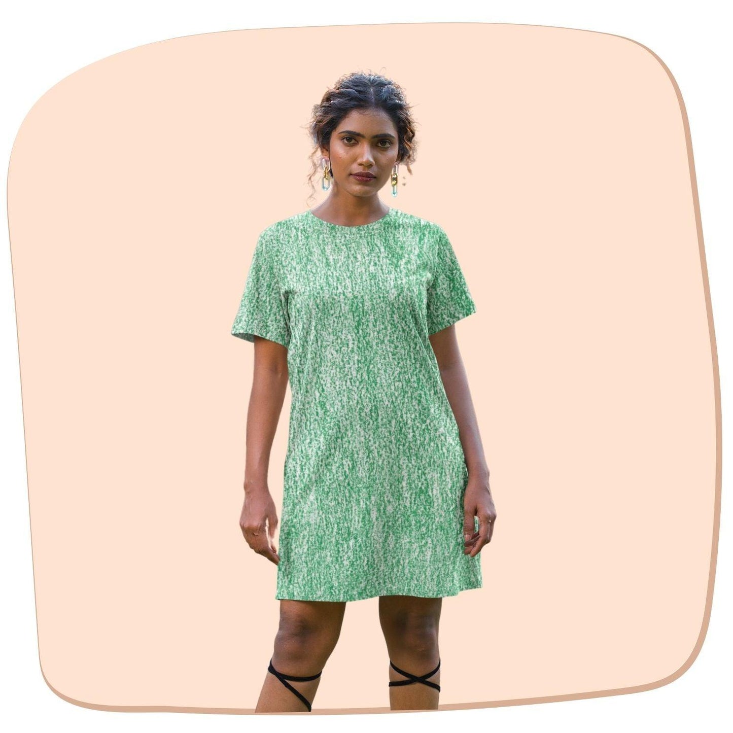 Green Crayon Women's T-shirt Dress by RedBerry Cuddle, featuring a fun crayon-inspired design. It is fade-proof and comes with two attached pockets for added convenience and style.