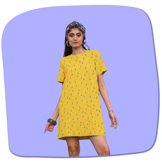 Honeybee Women's T-shirt Dress by RedBerry Cuddle, featuring a charming honeybee design. It is fade-proof and includes two attached pockets for added convenience and style.