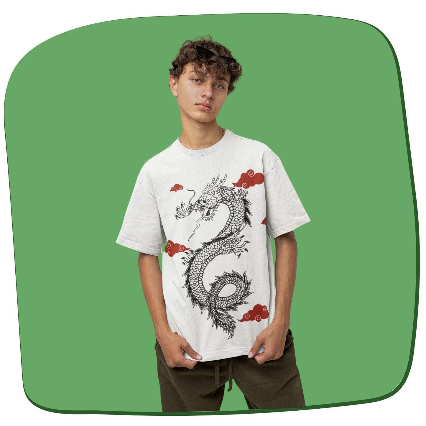 Dragon Men's Oversized T-shirt by RedBerry Cuddle, made from 100% cotton. This shirt features a bold dragon-themed design, offering a relaxed fit and striking style for casual wear.