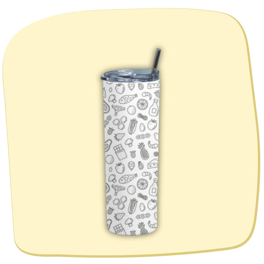 Food Doodle Tumbler Bottle by RedBerry Cuddle, a 20 oz stainless steel tumbler with a metal straw. It features a fun food doodle design, double wall insulation, and a splash-proof lid.